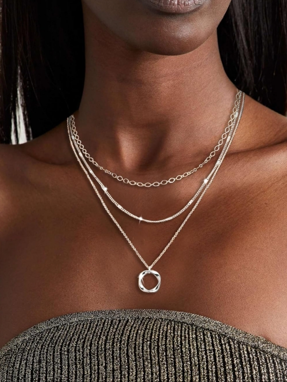 Layered Silver Circle Pendant Necklace - Women